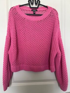 Aqua Pink Open-Knit Crewneck Sweater